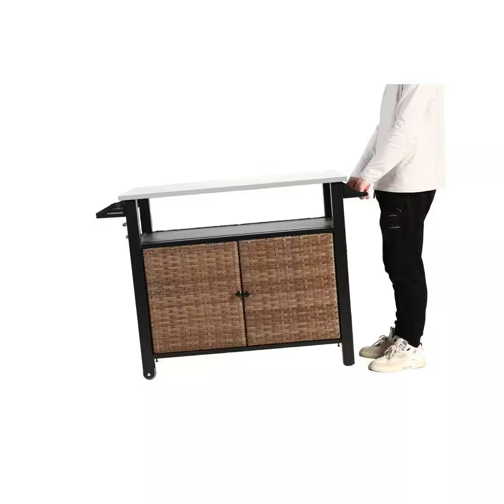 11 Cu. Ft. Steel Outdoor Rolling Cart with Wheels-Patio Bar Cabinet, Storage Drawer, Wine Rack and Towel Holder