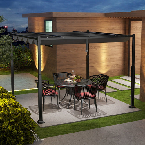 10 x 10 Feet Outdoor Pergola with Retractable Canopy and Metal Columns-Gray