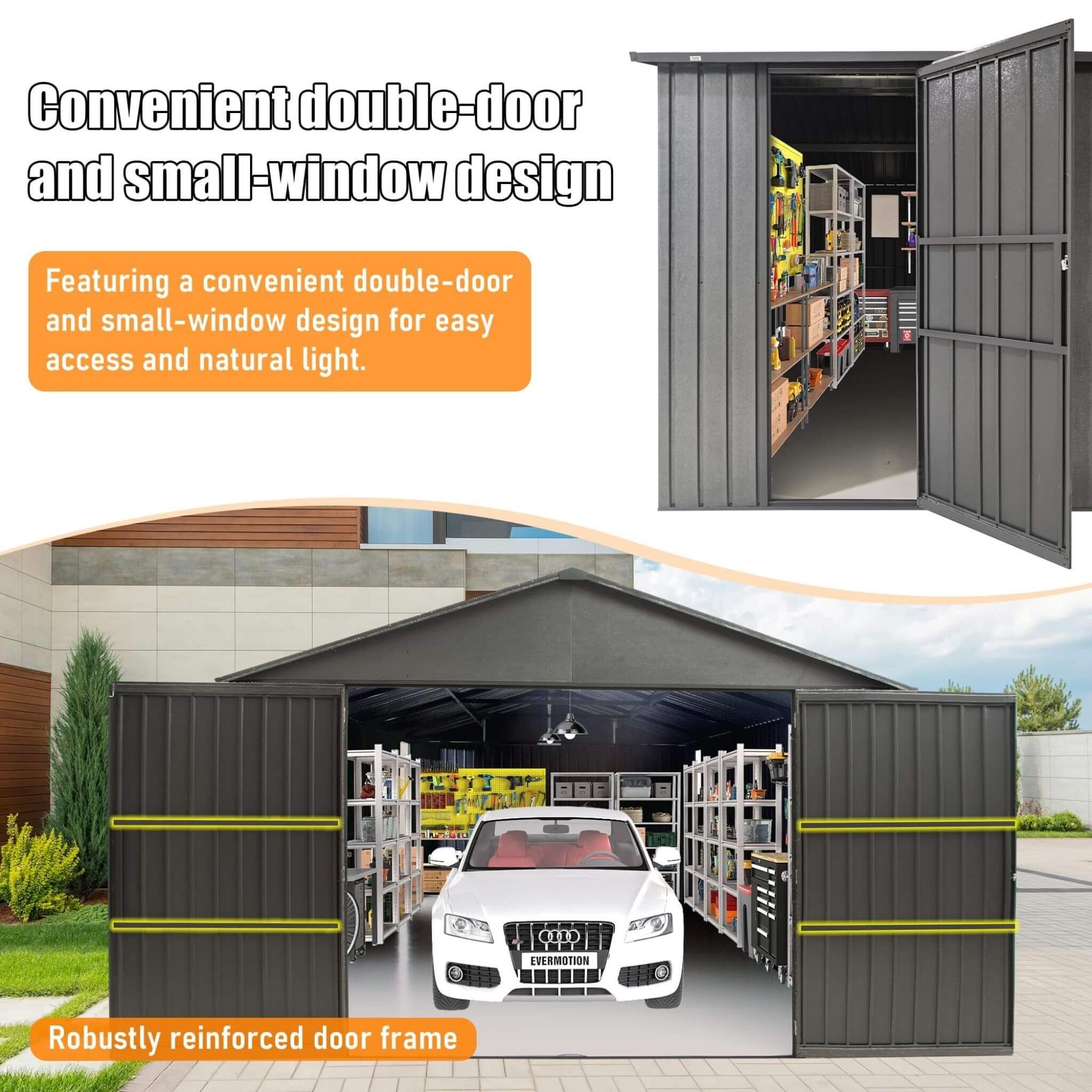 [12X25FT] Alora Extra Large Heavy-Duty Outdoor Metal Carport Garage Shed With Lockable Double Hinged Doors (SAK34153)