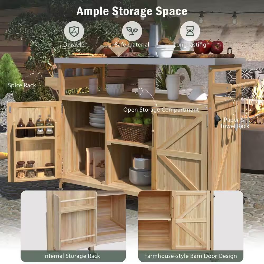 Natural Kitchen Cart with Locking Casters;Shelf;Spice Rack;Wheels