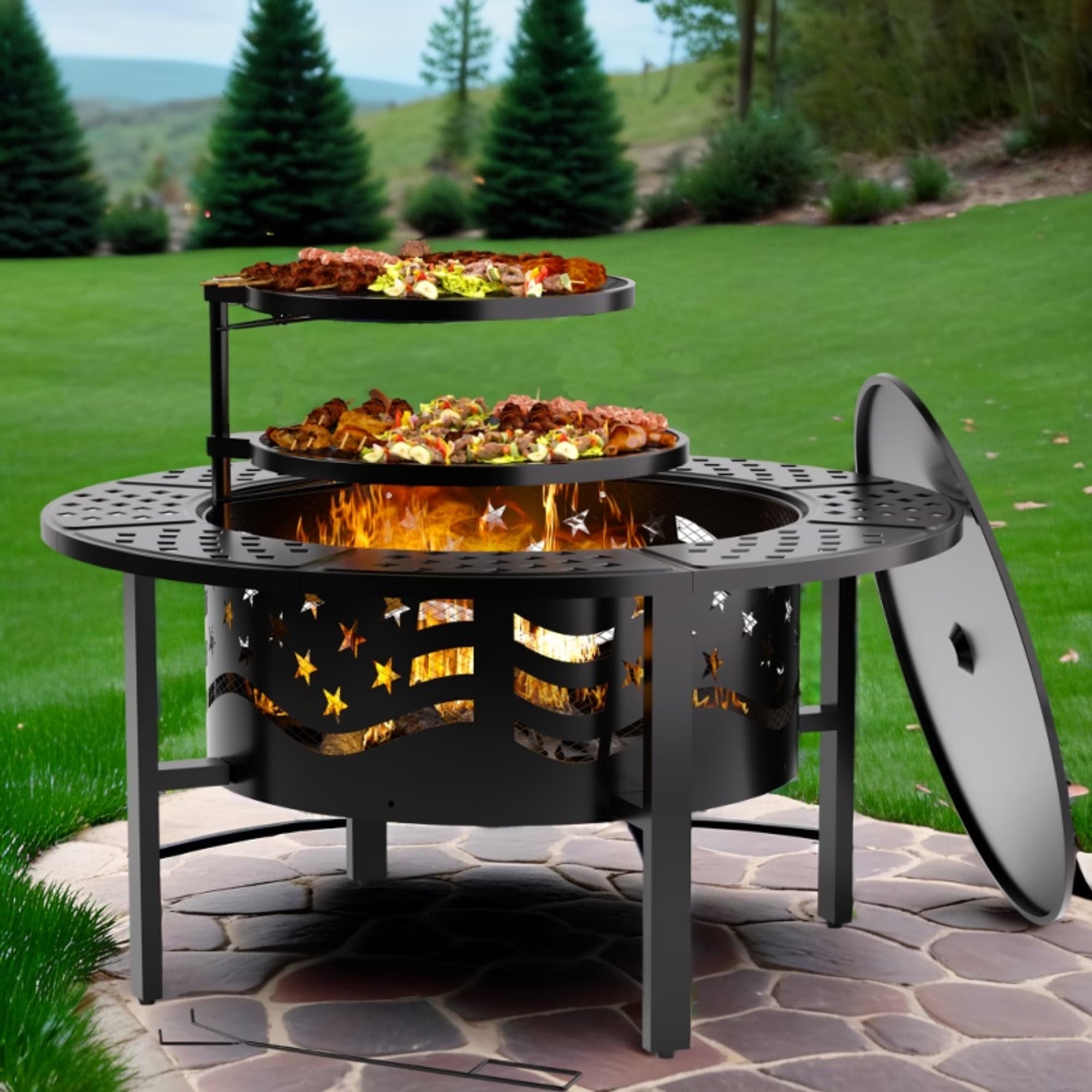 Fire Pit for outside 42" Wood Burning Fire Pit Tables with 2 Adjustable Swivel BBQ Grills, Lid, Poker for Patio Backyard BBQ Ice Storage
