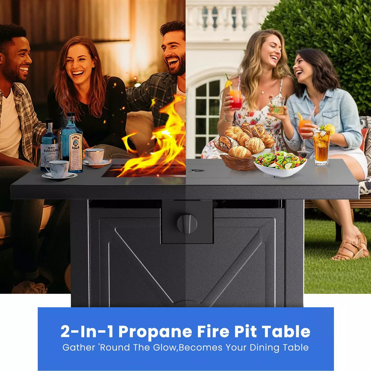 R.W.FLAME 28" 40,000 BTU Square Outdoor Propane Fire Pit Table with Lid & Rain Cover – Perfect for Patio, Deck, Garden, and Parties