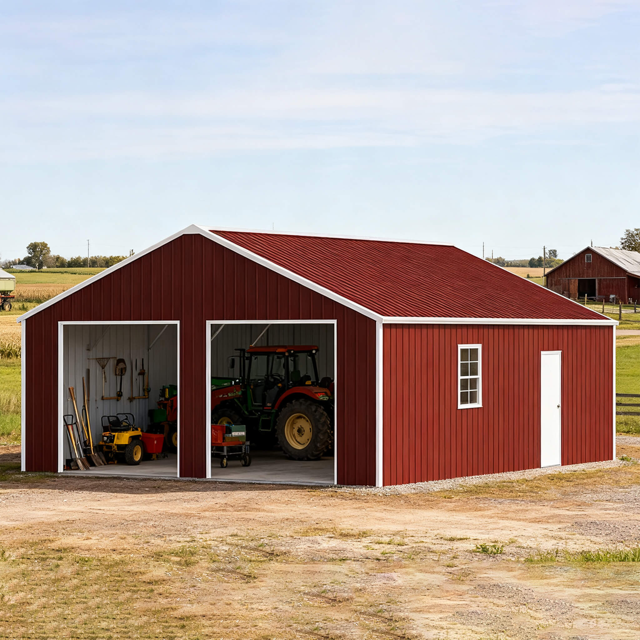 [22X23FT] Heavy-Duty Red-Brown Double Garage Steel Barn Storage Shed (SAK83456)