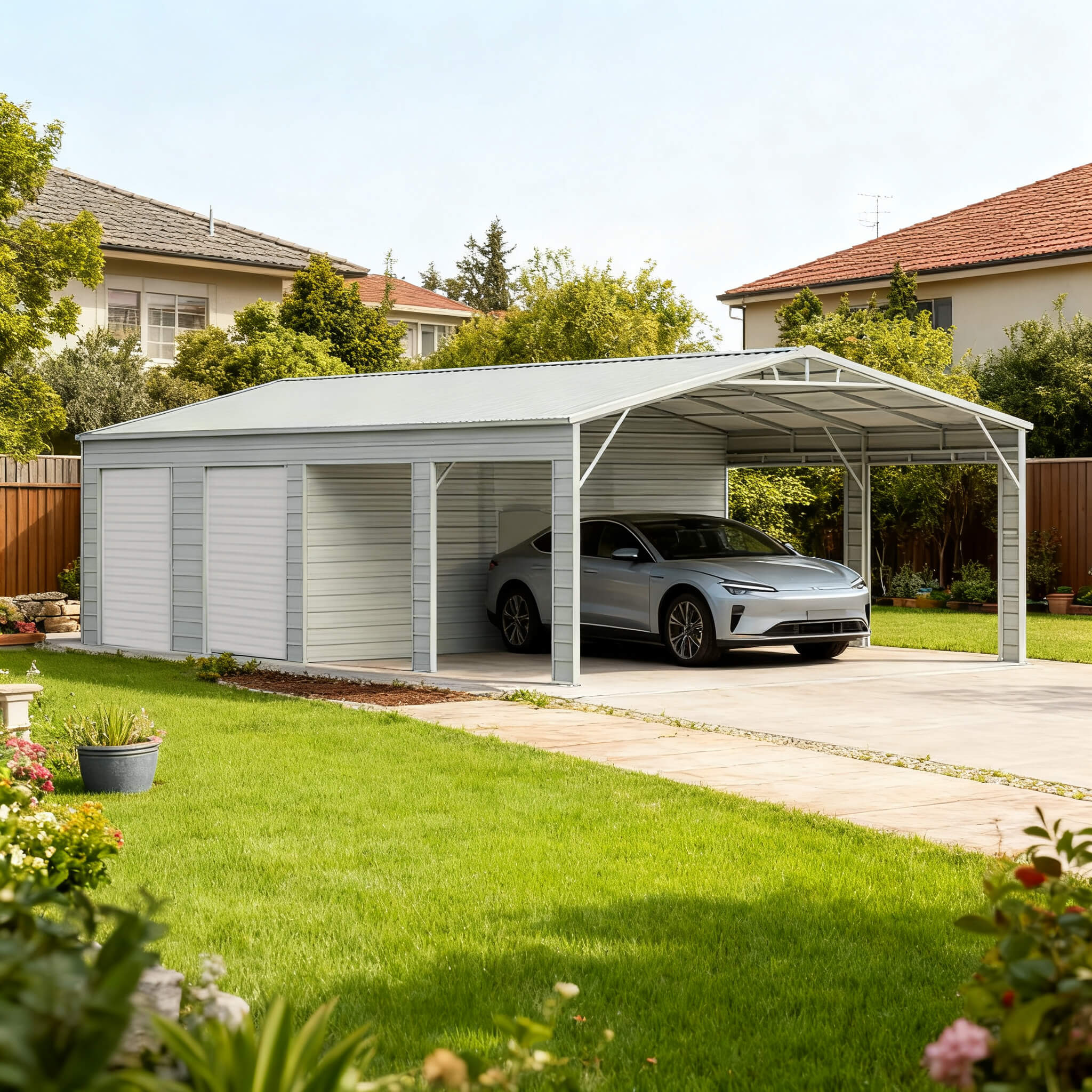 [23X46FT] Heavy-Duty Steel Garage Storage Shed With Reinforced Roof And 2 Doors (SAK29384)