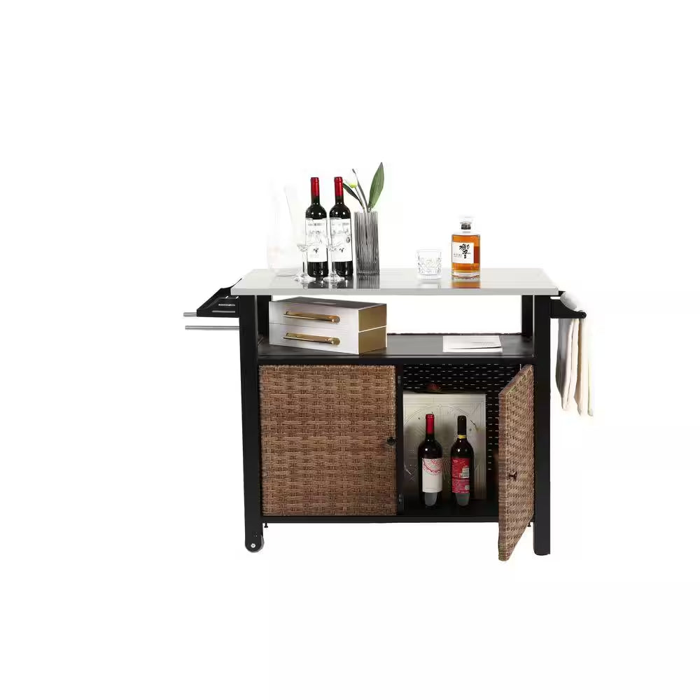 11 Cu. Ft. Steel Outdoor Rolling Cart with Wheels-Patio Bar Cabinet, Storage Drawer, Wine Rack and Towel Holder