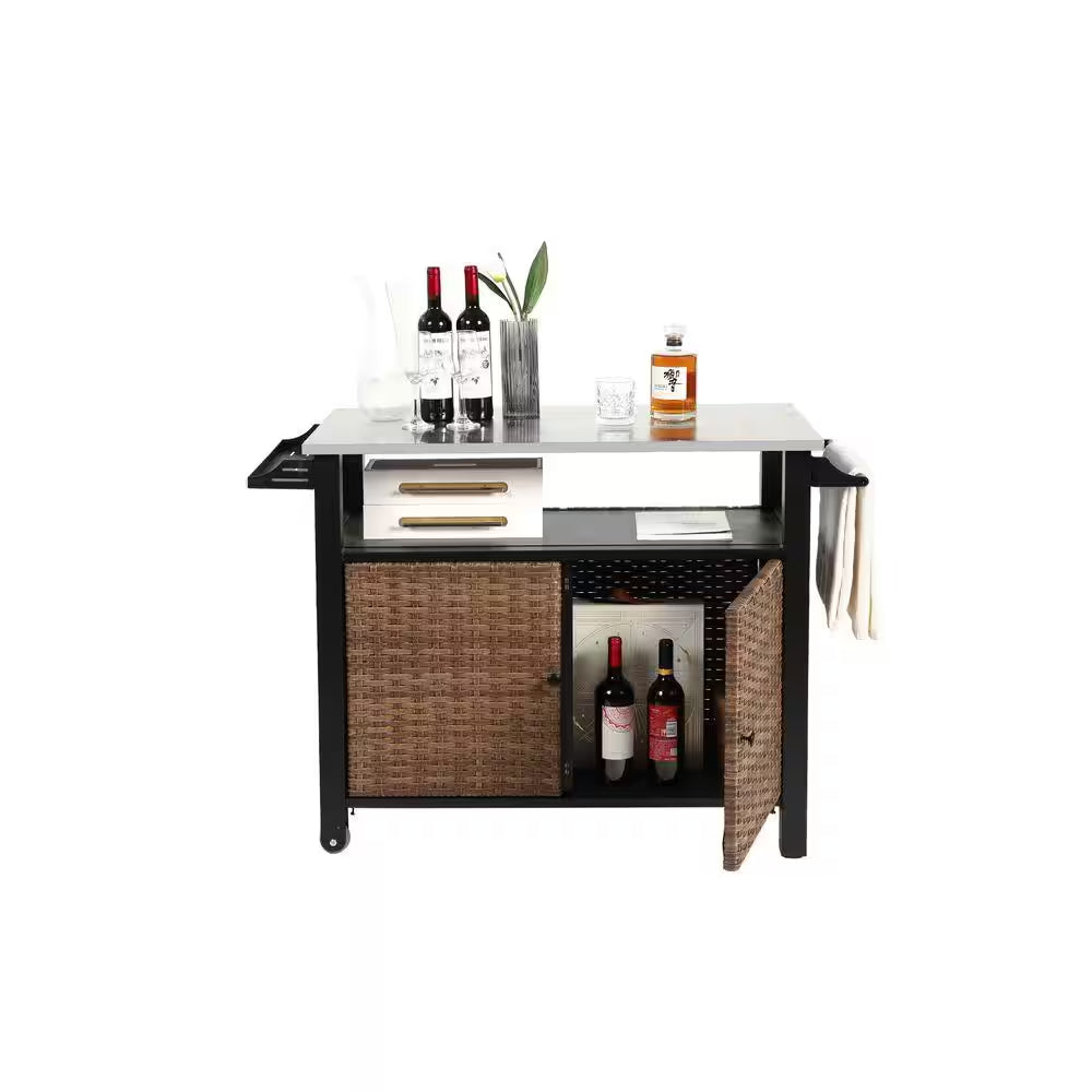 11 Cu. Ft. Steel Outdoor Rolling Cart with Wheels-Patio Bar Cabinet, Storage Drawer, Wine Rack and Towel Holder