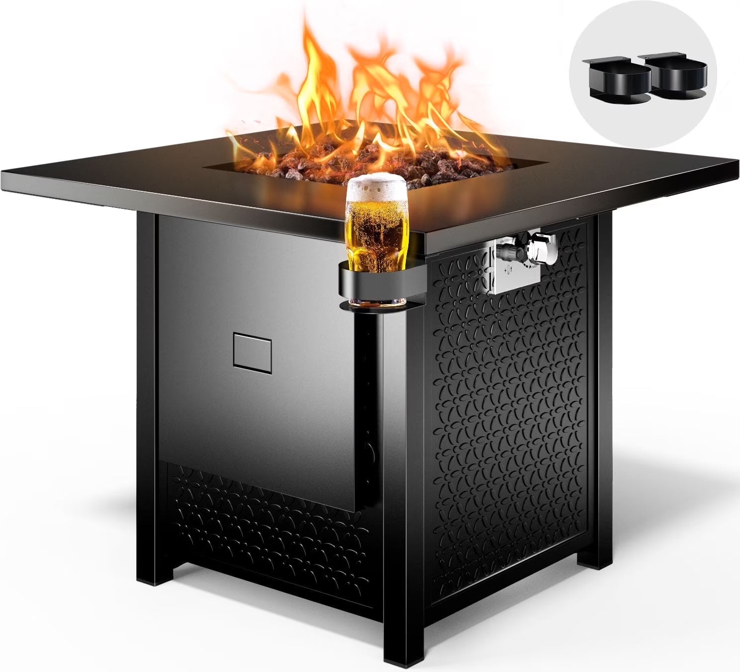 32" Gas Fire Pits with Cup Holders for Outside, 50,000 BTU Propane Fire Pit Table with Lid and Lava Rock, Black