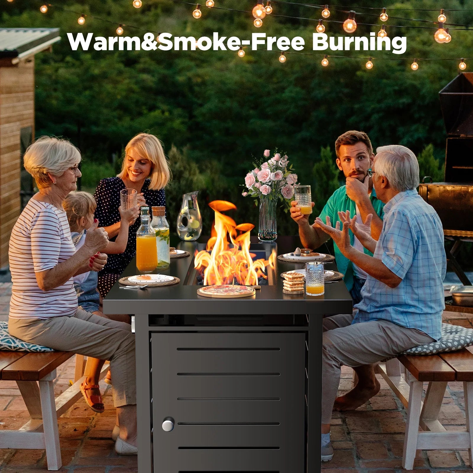 42" Rectangular Gas Fire Pit Table, 60,000 BTU Propane Fire Pits for outside with Lid and Lava Rock