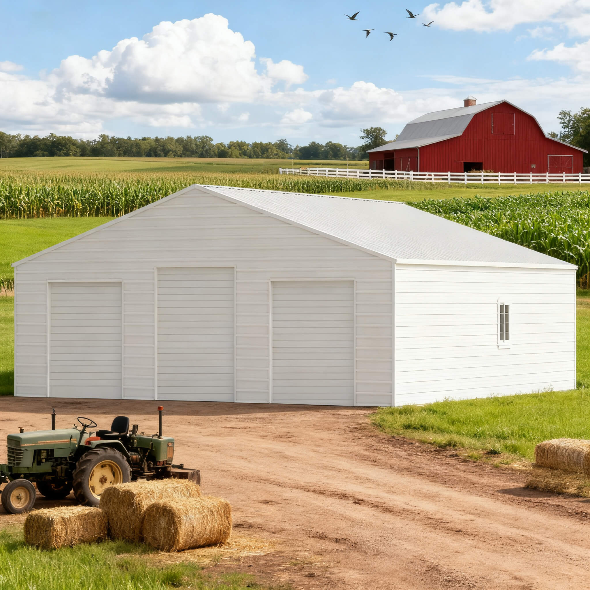 [39X39FT] Extra-Large Heavy-Duty Galvanized Steel Barn Building Shed With 3 Rolling Door Garages (SAK10234)