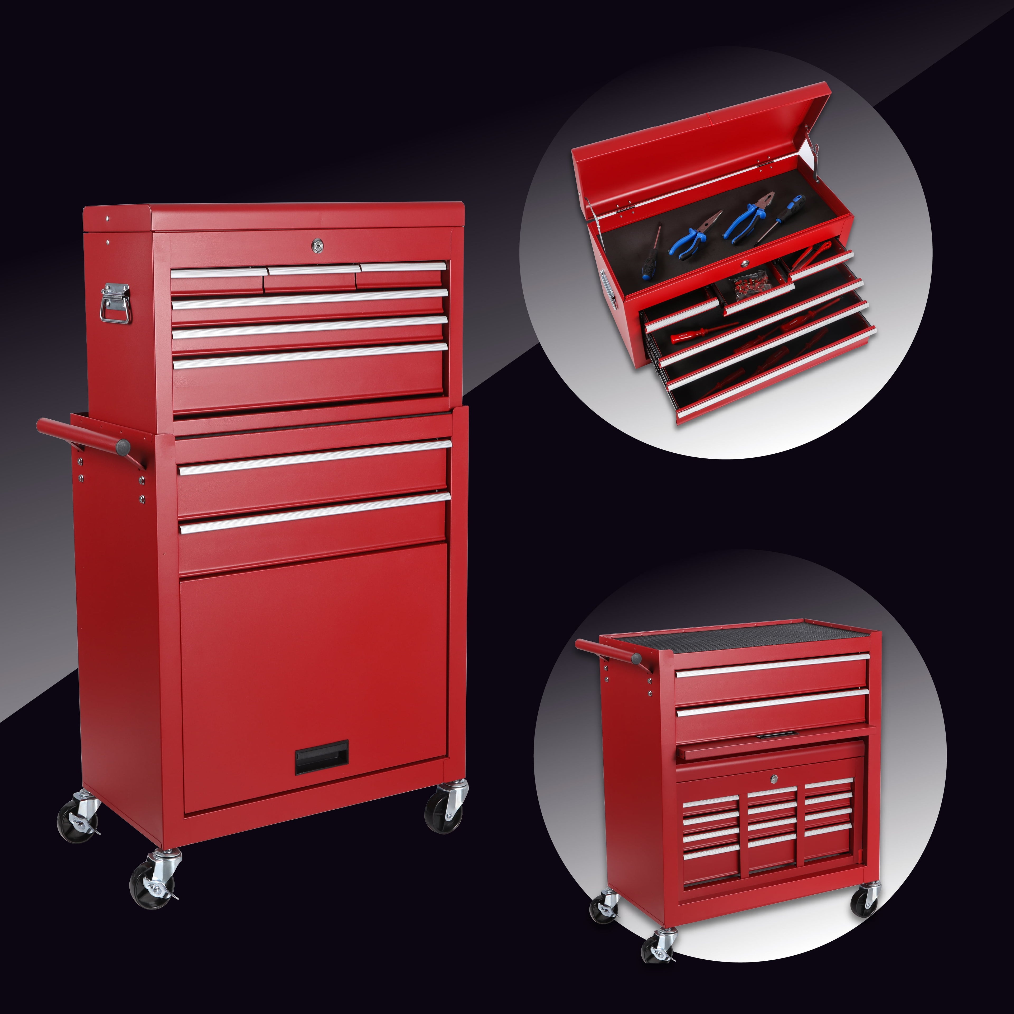 8-Drawer Tool Chest, Rolling Tool Storage Cabinet with 2 in 1 Detachable Top Tool Box, Lockable Wheels, Side Hooks
