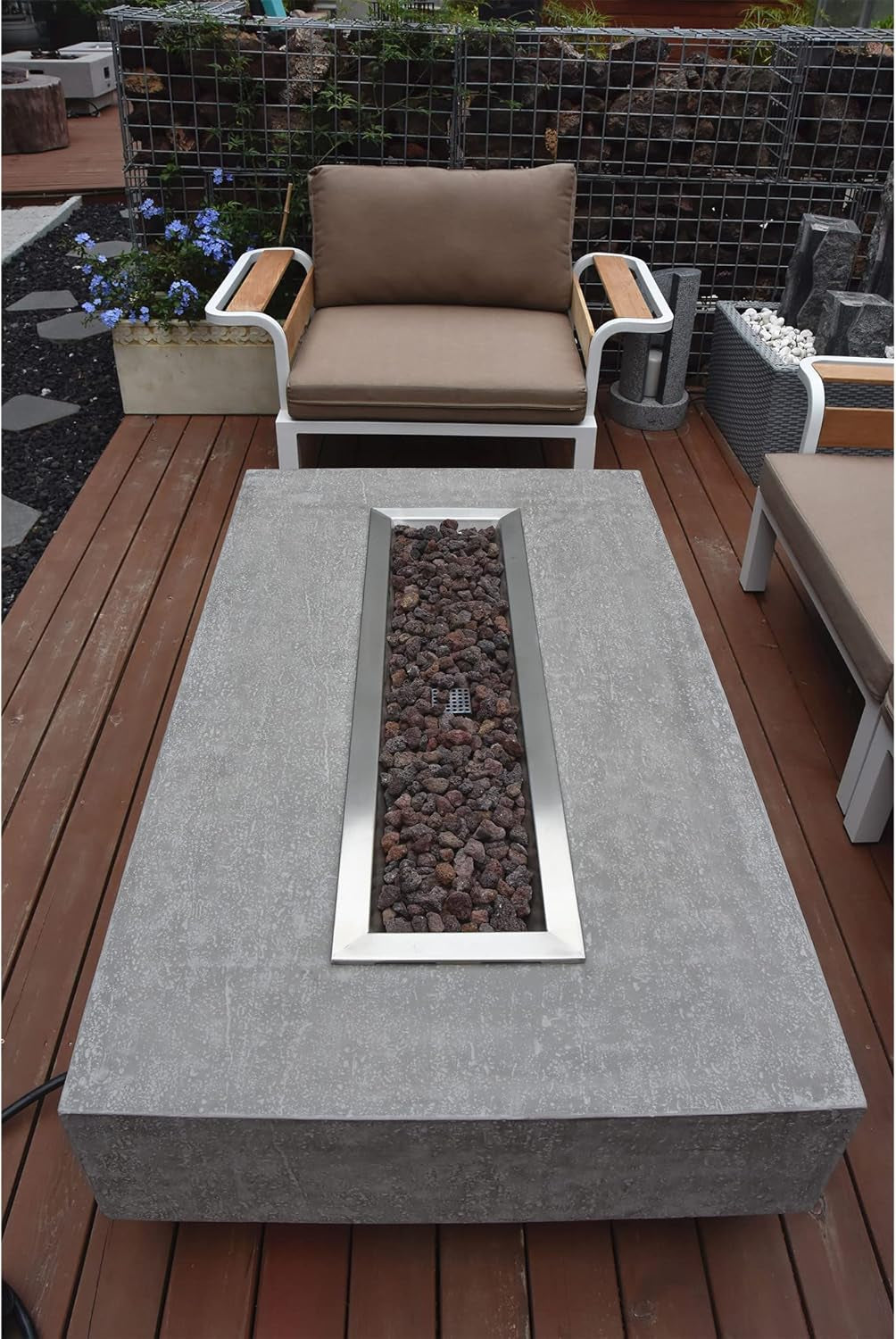 Hampton Concrete Fire Pit 56" X 32" Outdoor Patio Firepit Includes Lava Rocks Modern Fire Pits & Outdoor Fireplaces for Garden, Deck, Indoor & Outdoor Heating