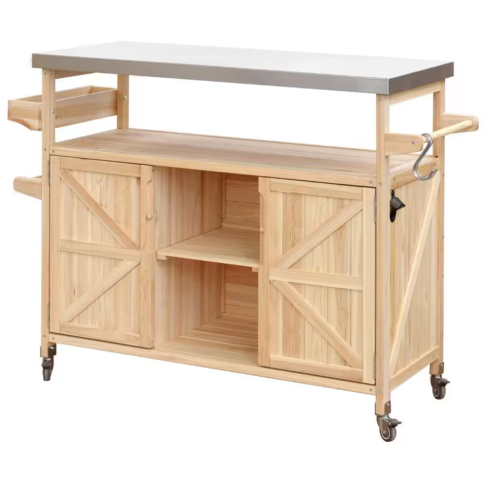 Natural Kitchen Cart with Locking Casters;Shelf;Spice Rack;Wheels