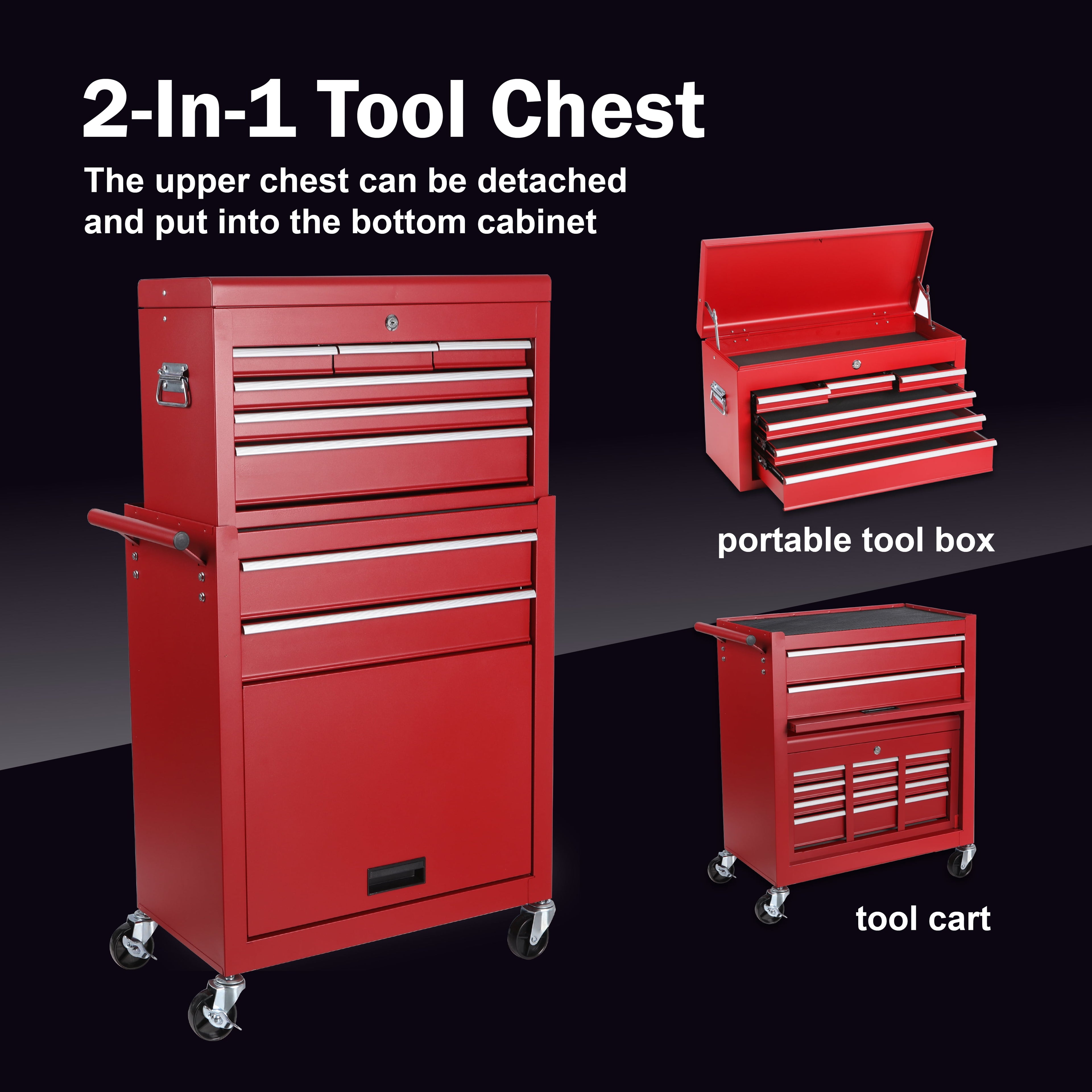 8-Drawer Tool Chest, Rolling Tool Storage Cabinet with 2 in 1 Detachable Top Tool Box, Lockable Wheels, Side Hooks