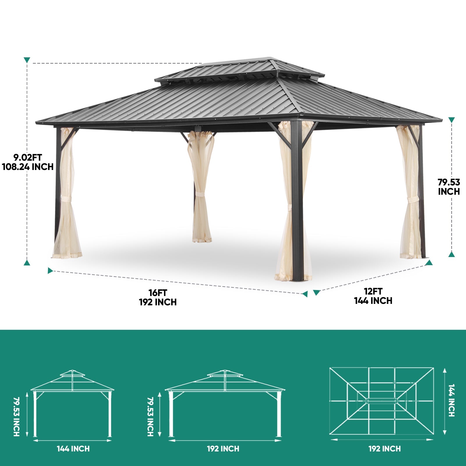 Ainfox 12*16Ft Patio Gabezo Outdoor Canopy with Mosquito with 2200lbs weight capacity of snow