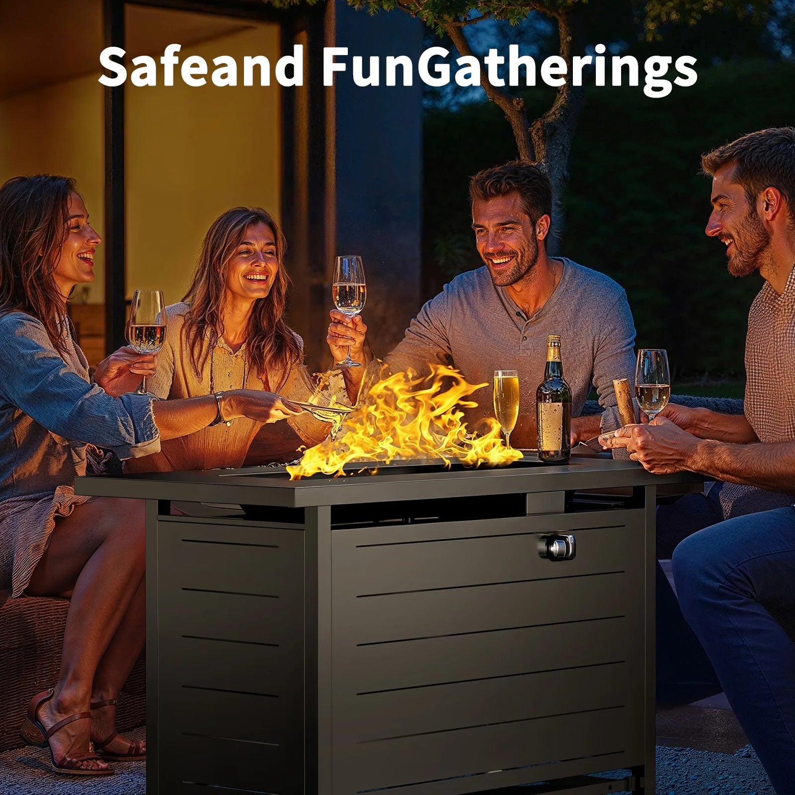 42" Rectangular Gas Fire Pit Table, 60,000 BTU Propane Fire Pits for outside with Lid and Lava Rock