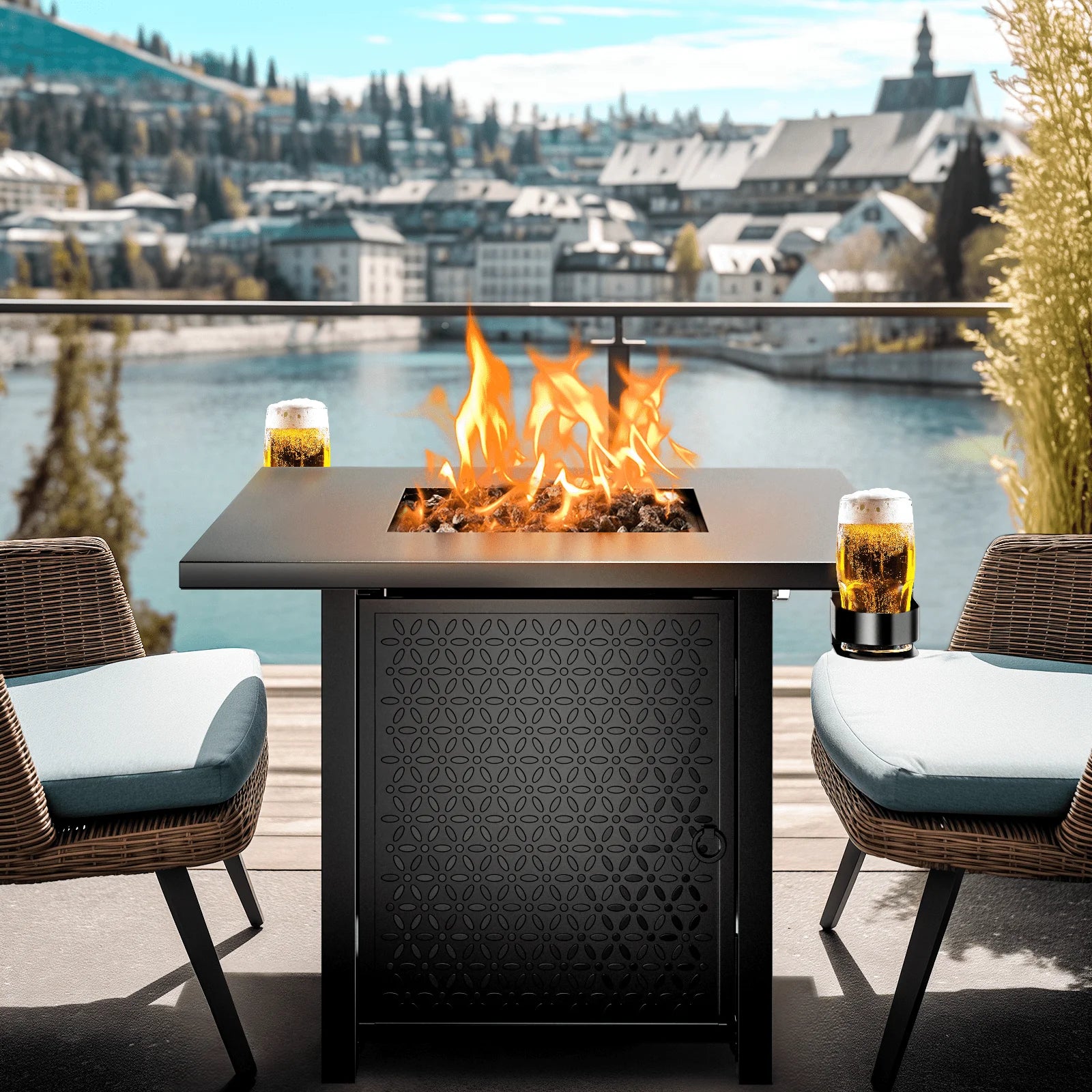 32" Gas Fire Pits with Cup Holders for Outside, 50,000 BTU Propane Fire Pit Table with Lid and Lava Rock, Black
