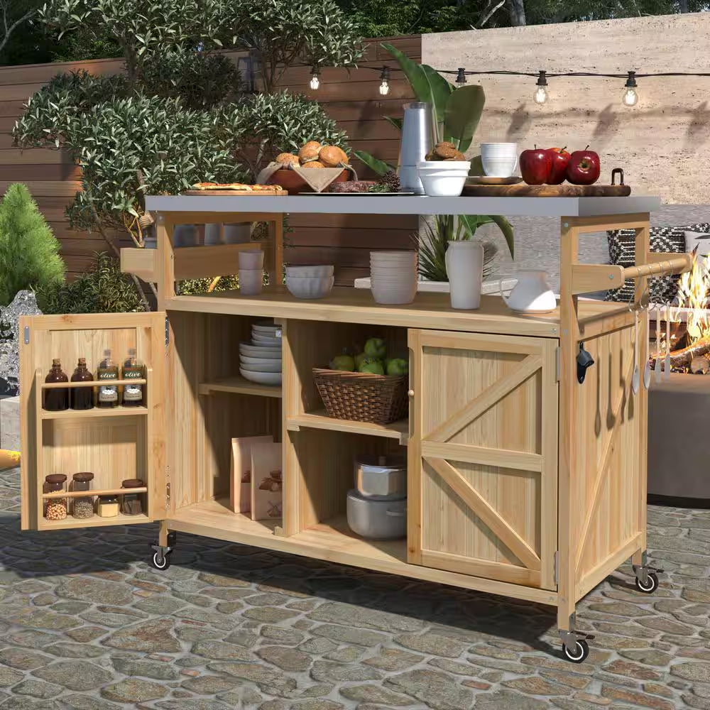 Natural Kitchen Cart with Locking Casters;Shelf;Spice Rack;Wheels