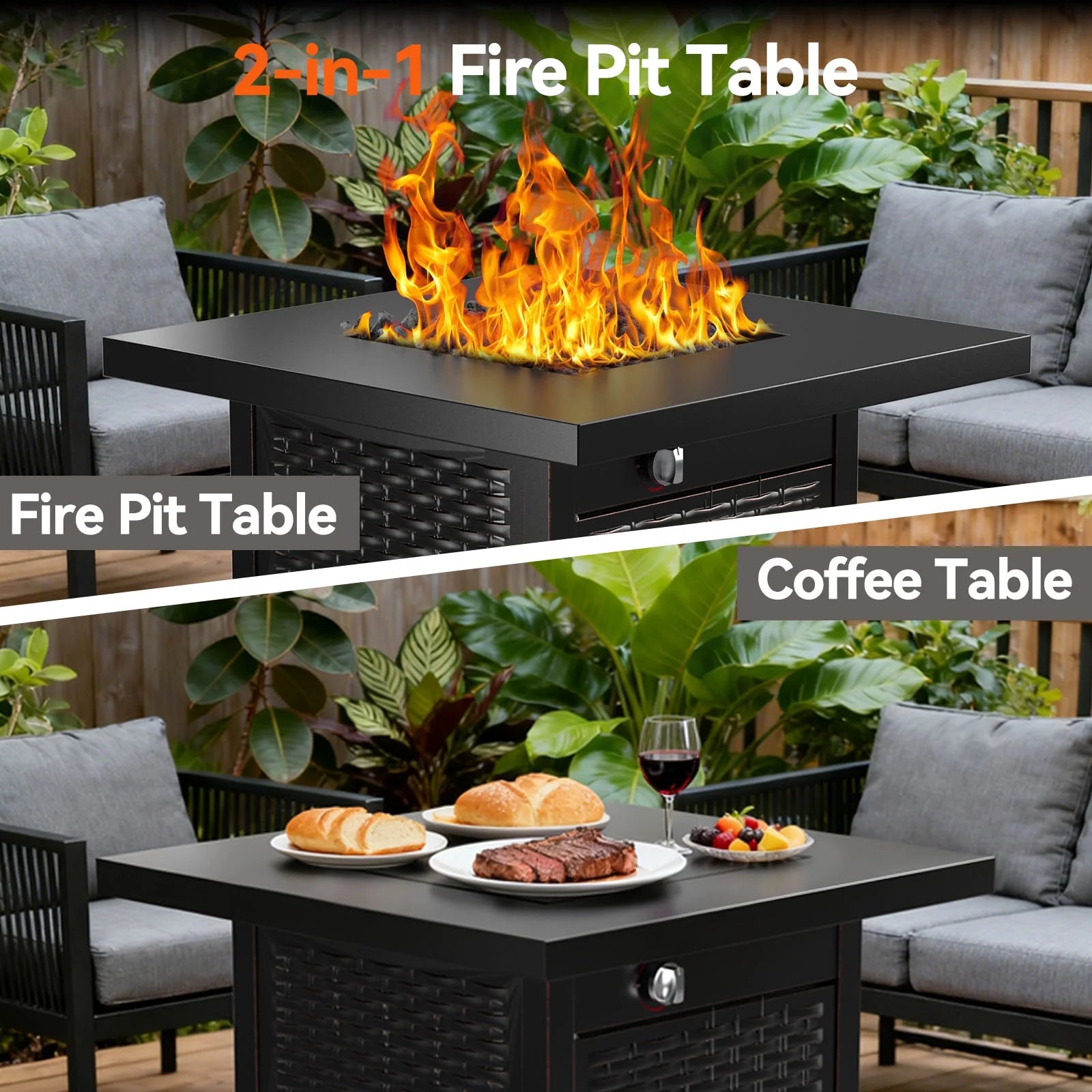 28" Outdoor Propane Fire Pit Table with Lid, 60,000 BTU Gas Fire Pit for Patio Garden Party