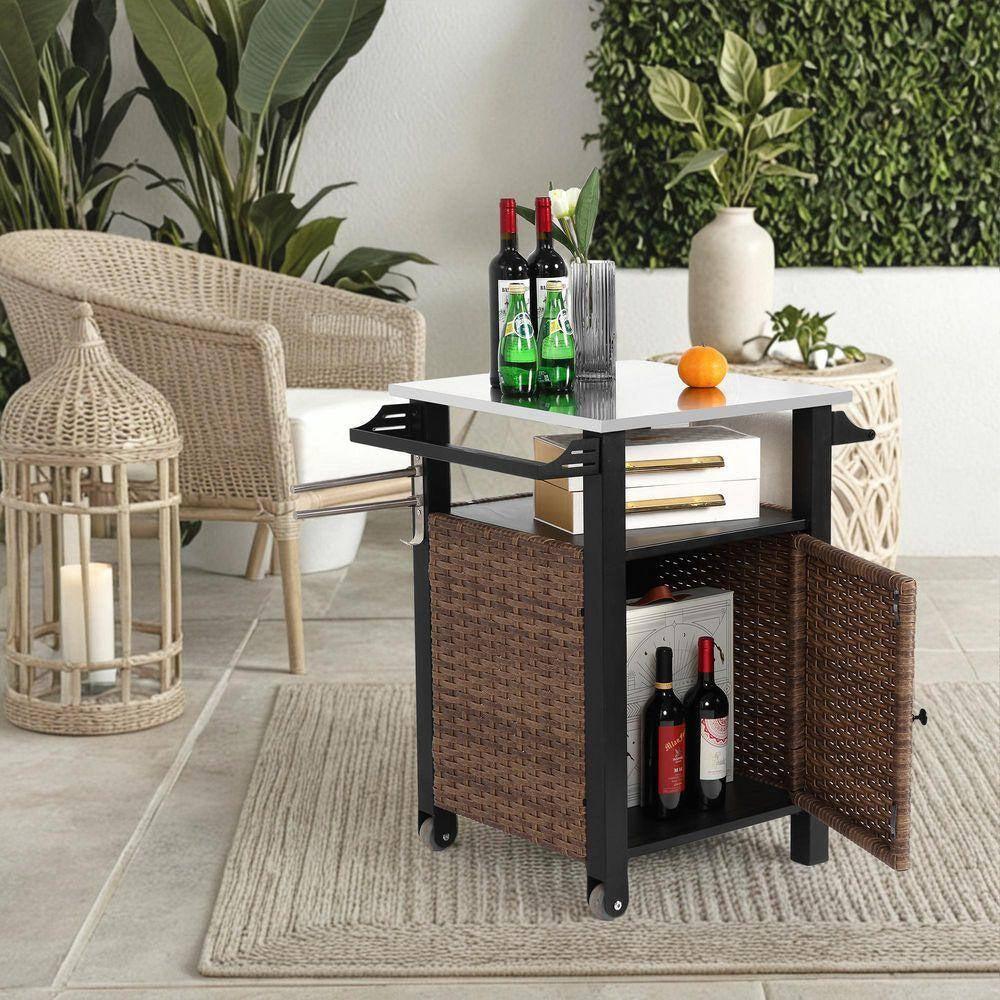 8 Cu. Ft. Steel Outdoor Bar Cart-Rolling Patio with Storage Cabinet, and Towel Holder for Garden or BBQ Station