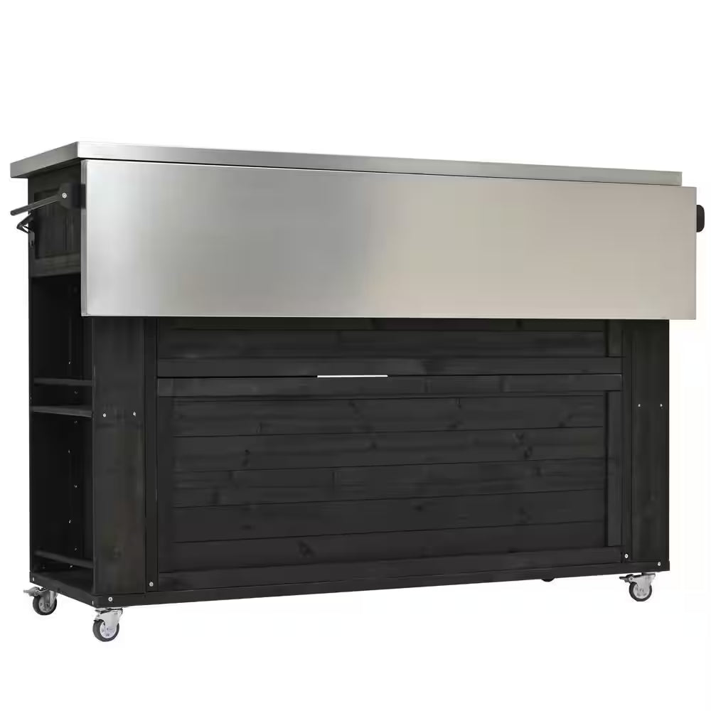 Black Stainless Steel Top 52.25 In. Kitchen Island with Towel and Spice Racks and a Bottle Opener