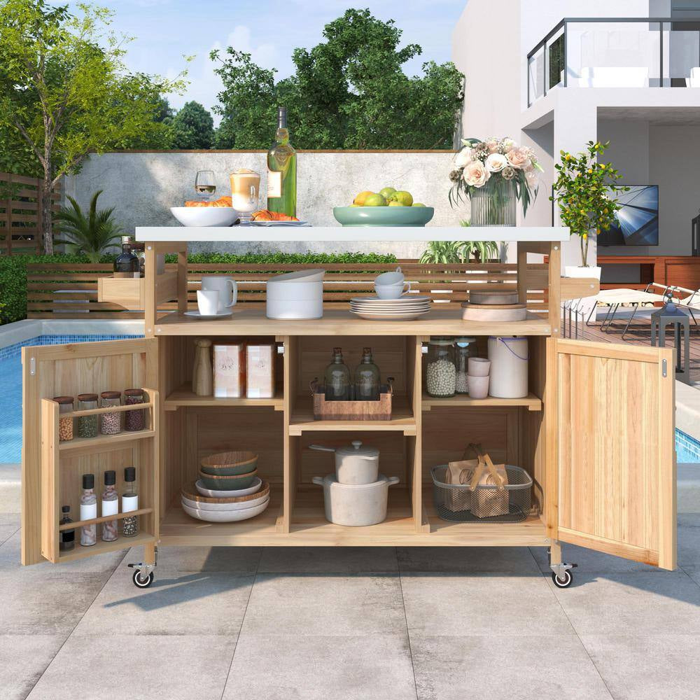 Natural Kitchen Cart with Locking Casters;Shelf;Spice Rack;Wheels