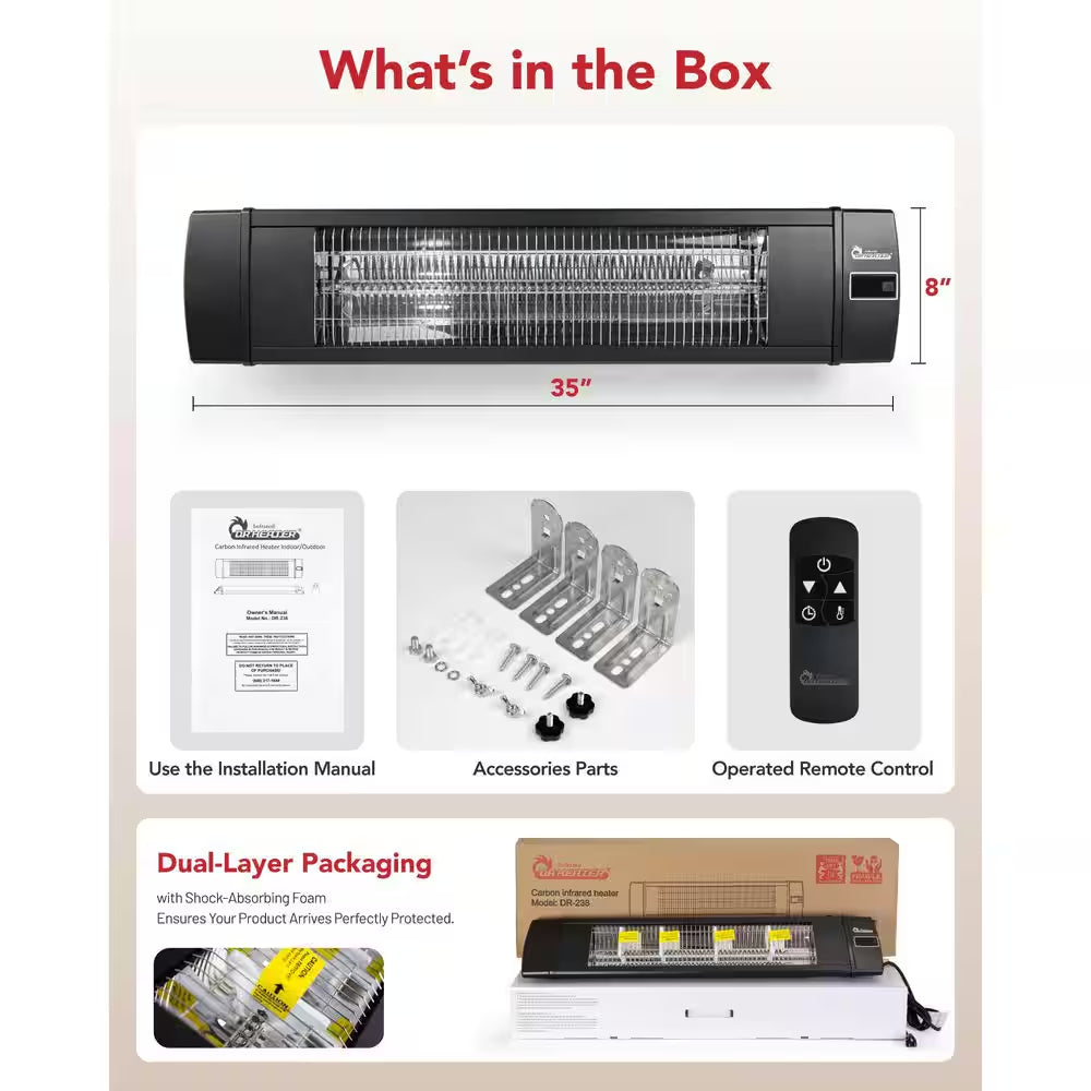 1500-Watt Electric Carbon Infrared Space Heater Indoor Outdoor Patio Garage Wall or Ceiling Mount with Remote, Black