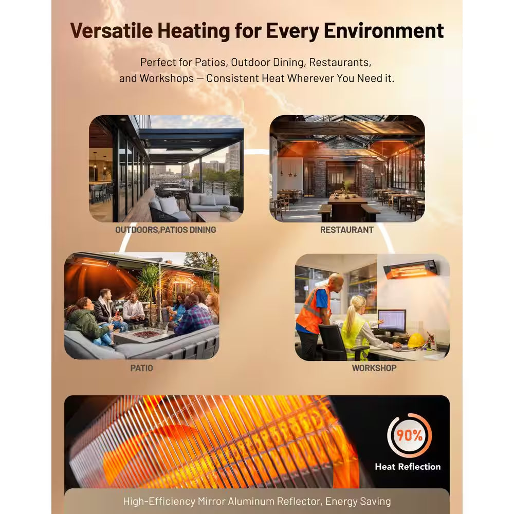 1500-Watt Electric Carbon Infrared Space Heater Indoor Outdoor Patio Garage Wall or Ceiling Mount with Remote, Black