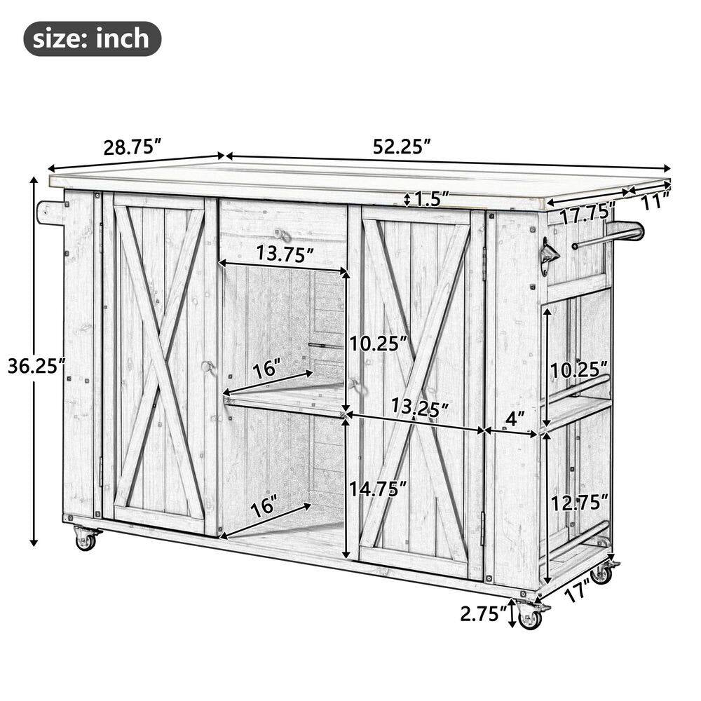 Black Stainless Steel Top 52.25 In. Kitchen Island with Towel and Spice Racks and a Bottle Opener
