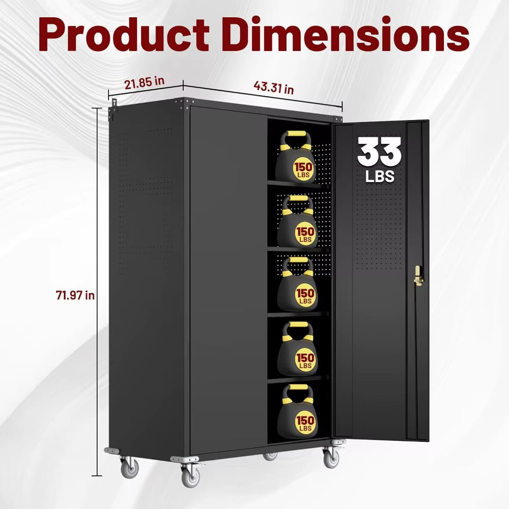 Tall & Wide Metal Garage Storage Cabinet with 4 Adjustable Shelves, 43''W X 22''D X 72''H with Wheels & Pegboards, Heavy Duty Lo