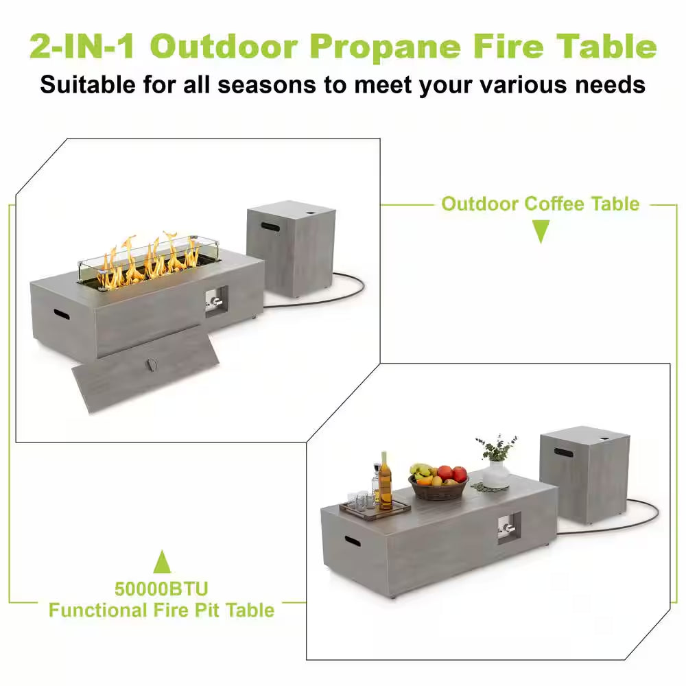 50000 BTU Coating Steel Propane Fire Pit Table in Gray Rectangular Modern Outdoor Gas Fire Table with Tank Holder