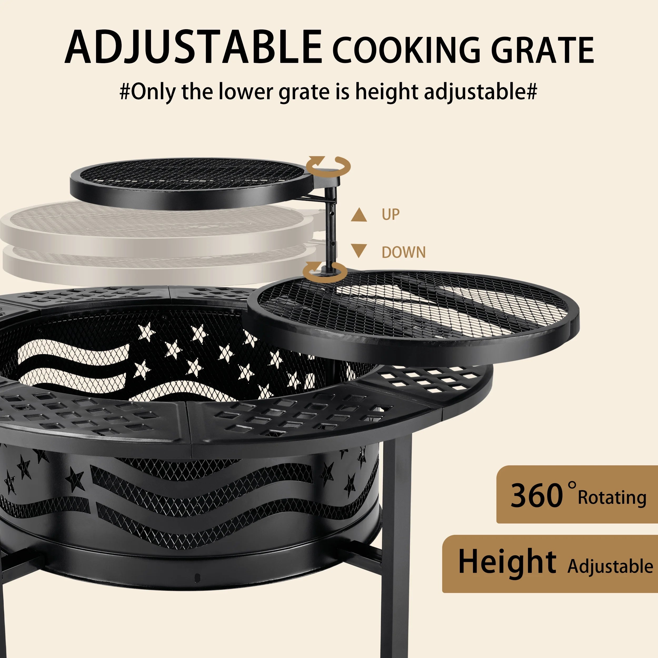 Fire Pit for outside 42" Wood Burning Fire Pit Tables with 2 Adjustable Swivel BBQ Grills, Lid, Poker for Patio Backyard BBQ Ice Storage