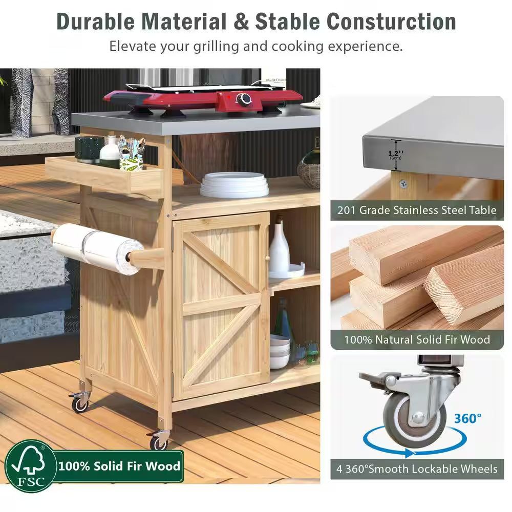 Natural Kitchen Cart with Locking Casters;Shelf;Spice Rack;Wheels