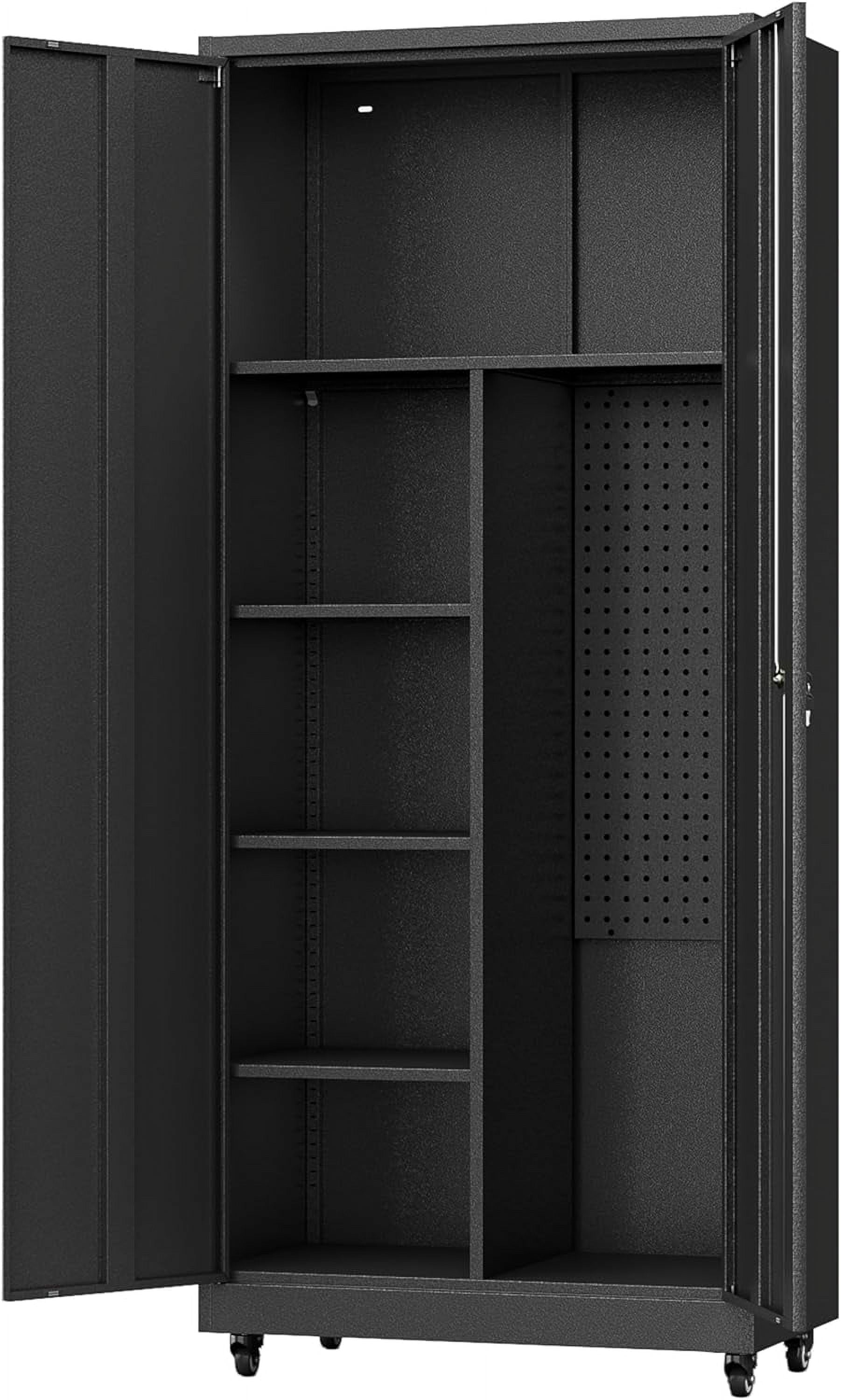 Metal Garage Storage Cabinet with Wheels,Rolling Tool Storage Cabinet with Lock,Steel Locking Cabinet with Locking Doors and Adjustable Shelves,Tall Storage Cabinet for Office Home,Garage,Shop-Black