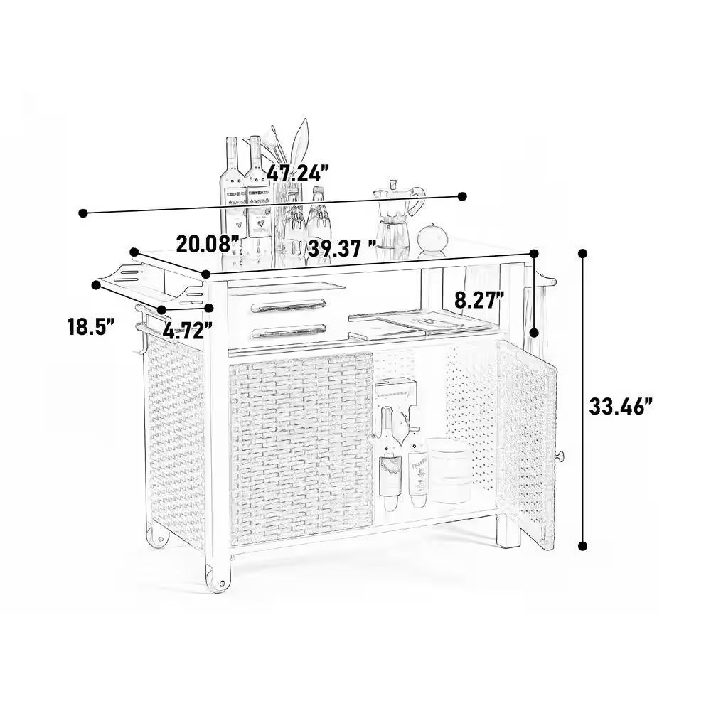 11 Cu. Ft. Steel Outdoor Rolling Cart with Wheels-Patio Bar Cabinet, Storage Drawer, Wine Rack and Towel Holder