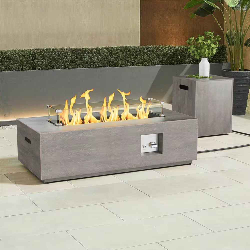50000 BTU Coating Steel Propane Fire Pit Table in Gray Rectangular Modern Outdoor Gas Fire Table with Tank Holder