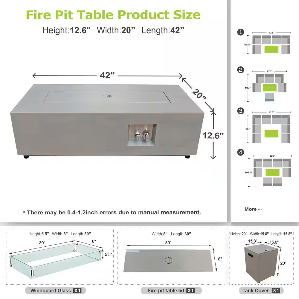 50000 BTU Coating Steel Propane Fire Pit Table in Gray Rectangular Modern Outdoor Gas Fire Table with Tank Holder
