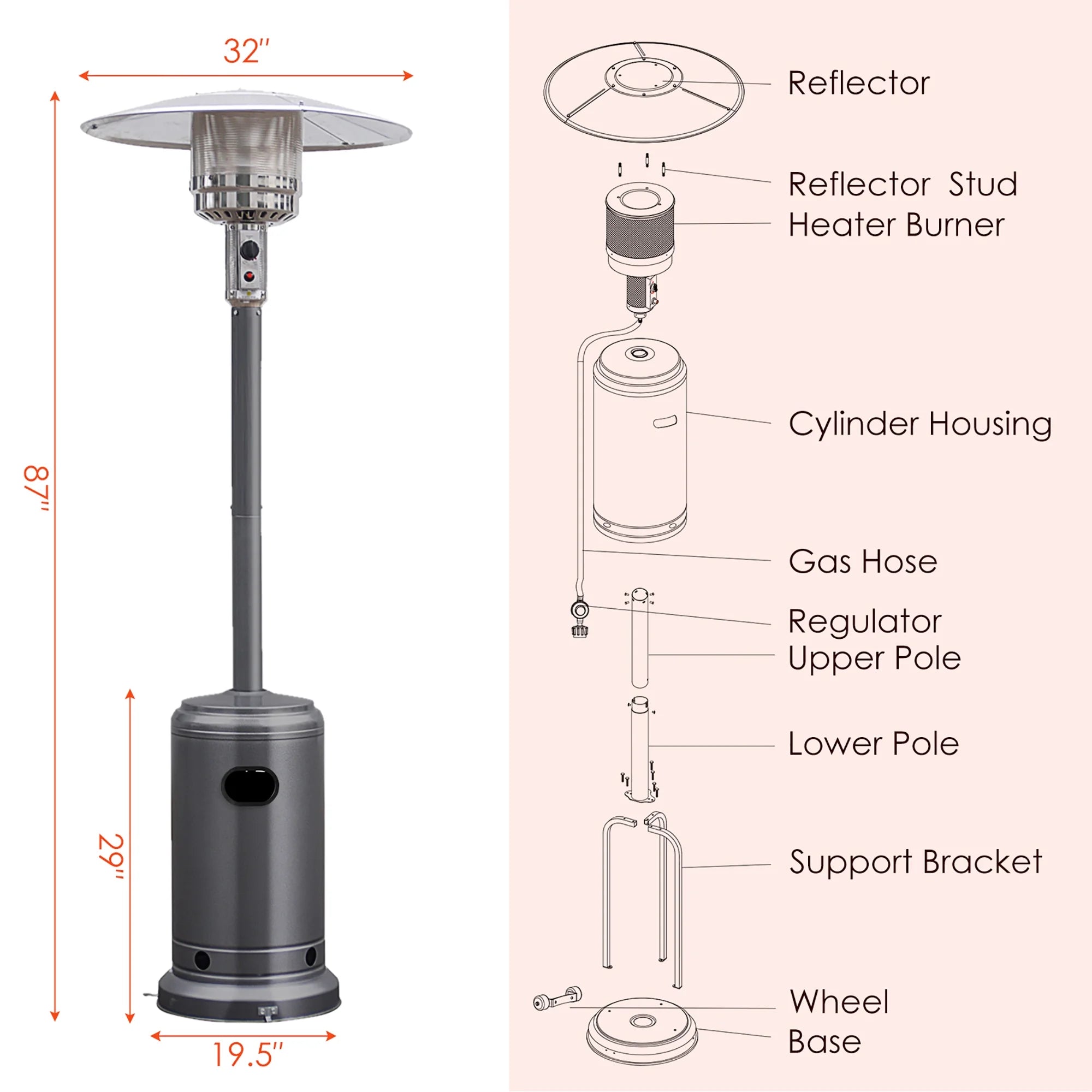 50000 BTU Propane Patio Heater Standing Steel with Wheels Grey