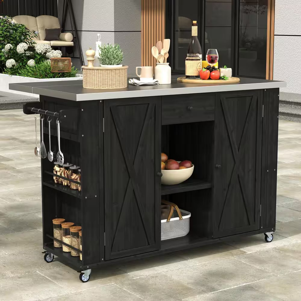 Black Stainless Steel Top 52.25 In. Kitchen Island with Towel and Spice Racks and a Bottle Opener