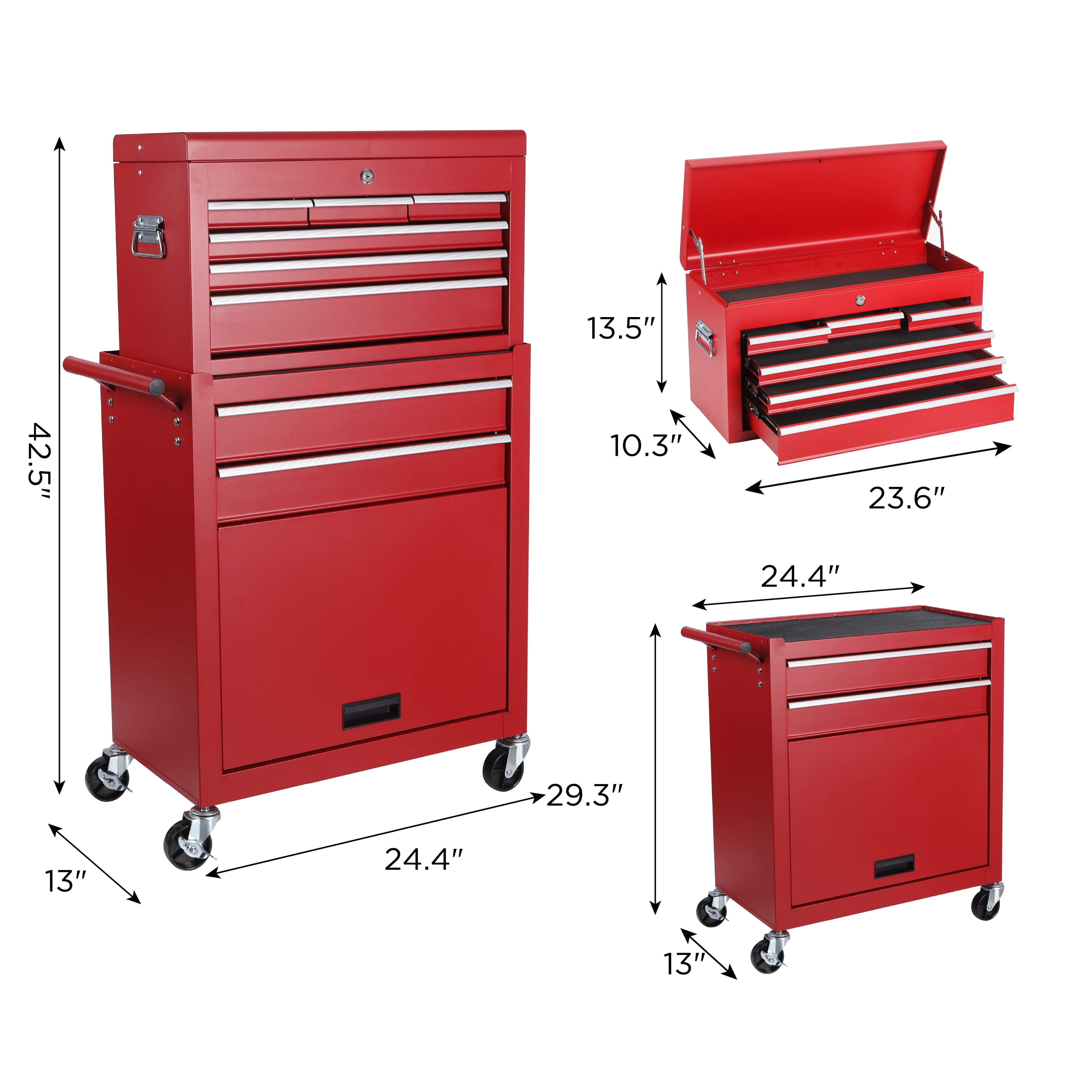 8-Drawer Tool Chest, Rolling Tool Storage Cabinet with 2 in 1 Detachable Top Tool Box, Lockable Wheels, Side Hooks