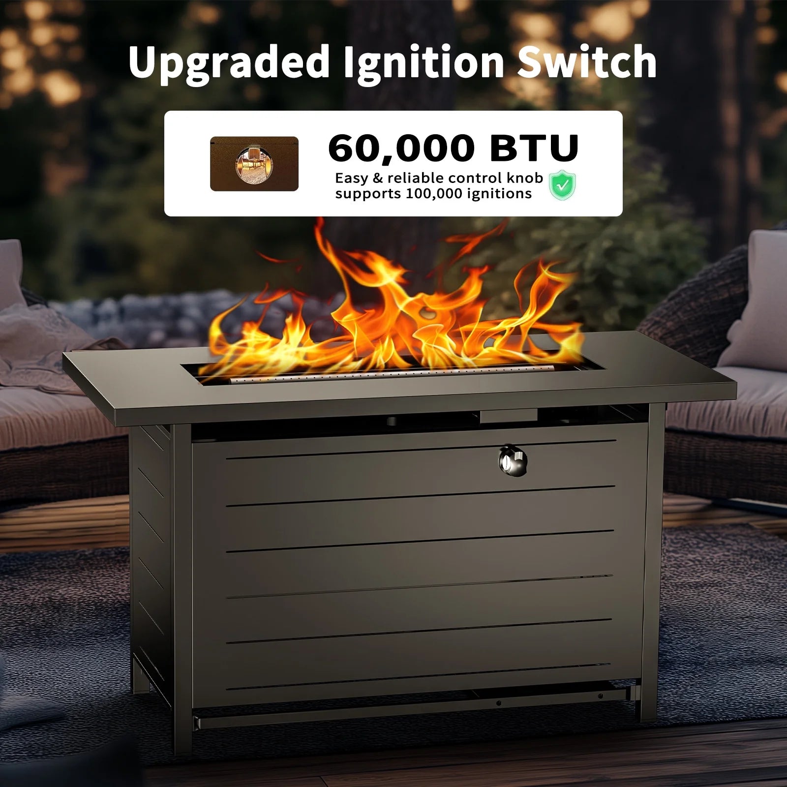 42" Rectangular Gas Fire Pit Table, 60,000 BTU Propane Fire Pits for outside with Lid and Lava Rock