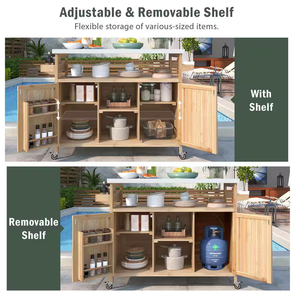 Natural Kitchen Cart with Locking Casters;Shelf;Spice Rack;Wheels