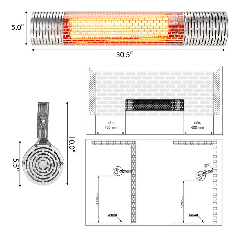 1 -BTU 1500 -W Hanging Silver Aluminum Electric Patio Heater