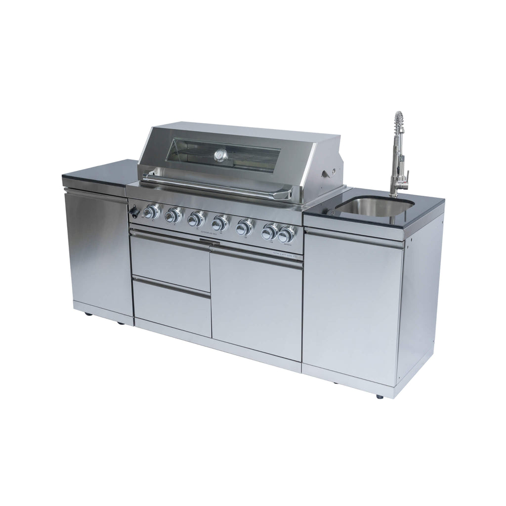 Castelle Flame Granite Outdoor BBQ Kitchen Island With 43-Inch 6-Burner Gas Grill, Rotisserie Kit, Cabinets, And Sink (SAK73518)