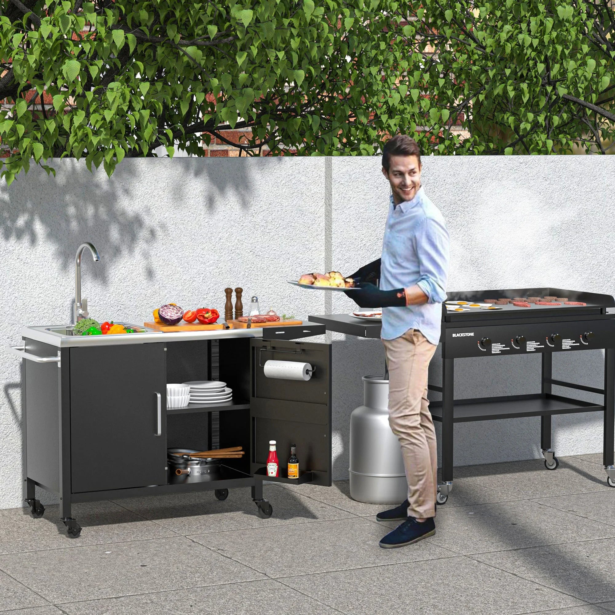 Outdoor Grill Table with Sink,Metal Outdoor Grill Cart, Outdoor Kitchen Island with Stainless Steel Sink