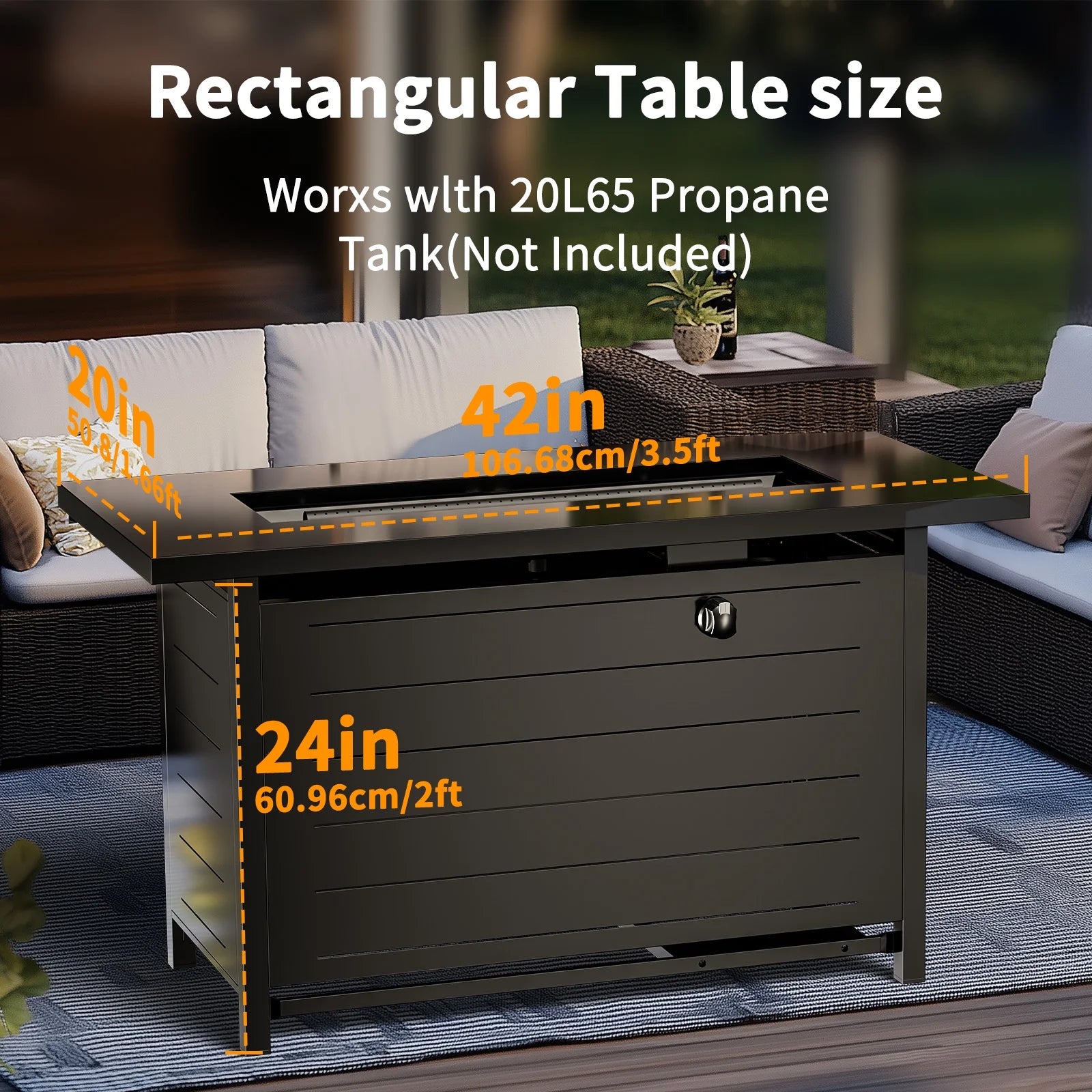 42" Rectangular Gas Fire Pit Table, 60,000 BTU Propane Fire Pits for outside with Lid and Lava Rock
