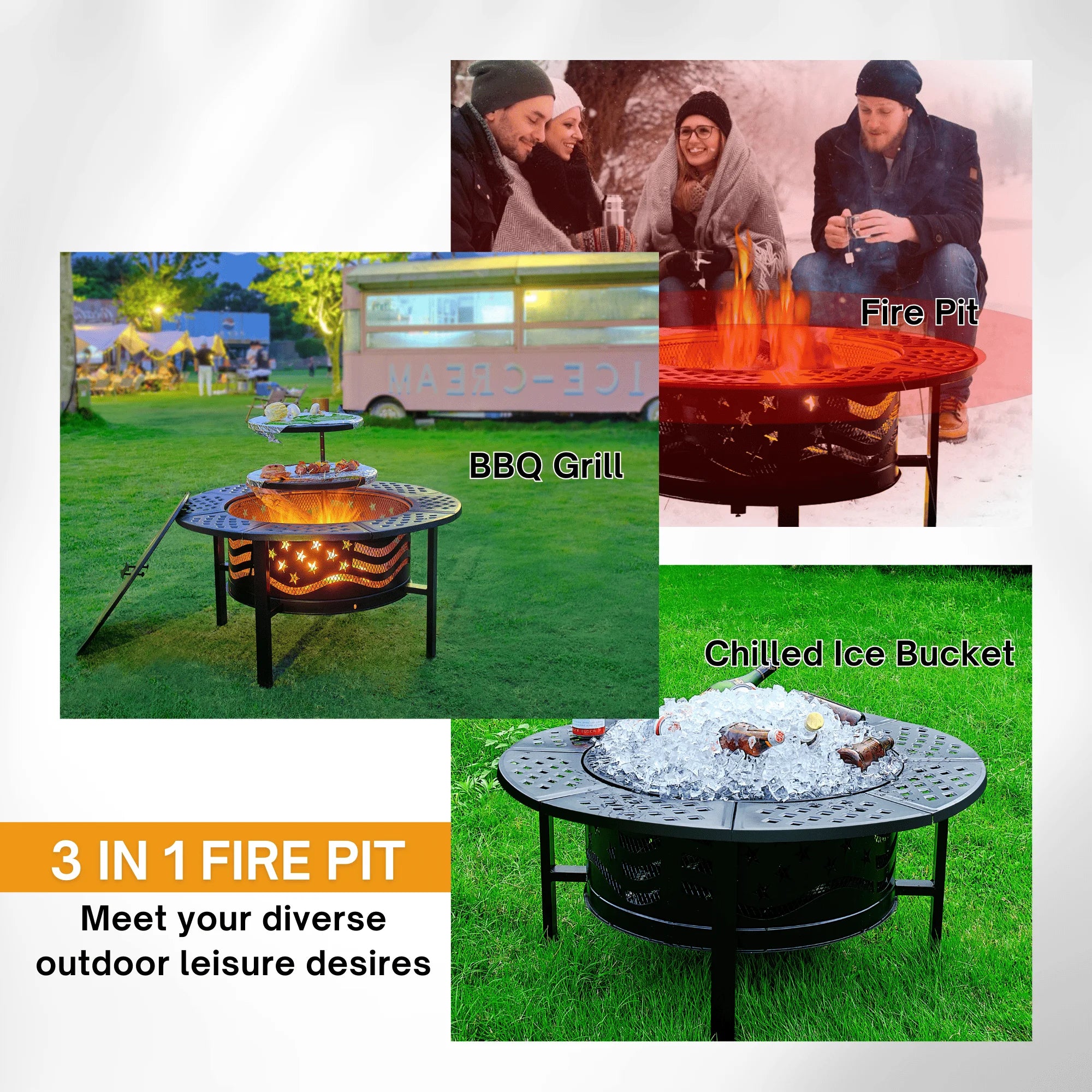 Fire Pit for outside 42" Wood Burning Fire Pit Tables with 2 Adjustable Swivel BBQ Grills, Lid, Poker for Patio Backyard BBQ Ice Storage