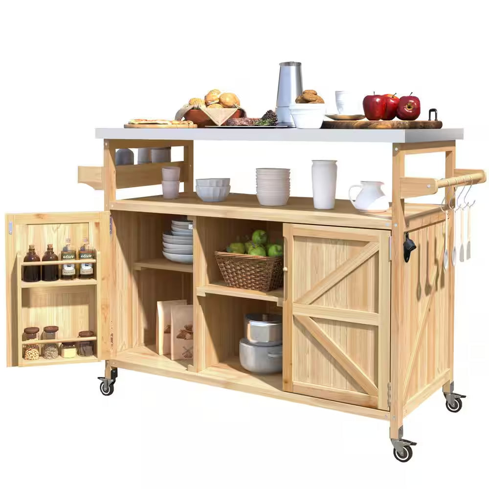 Natural Kitchen Cart with Locking Casters;Shelf;Spice Rack;Wheels