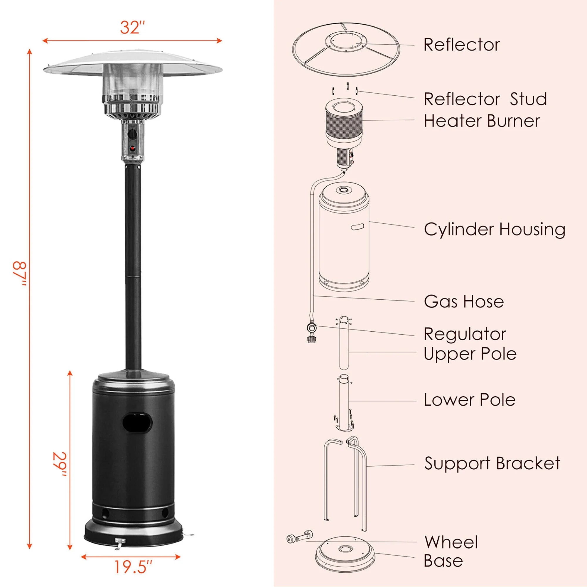 50000 BTU Propane Patio Heater Standing Steel with Wheels Black