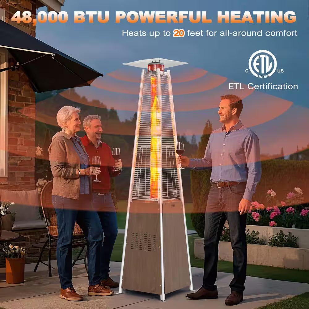 48,000 BTU Stainless Steel Wood-Grain Finish Pyramid Propane Gas Patio Heater with Wheels