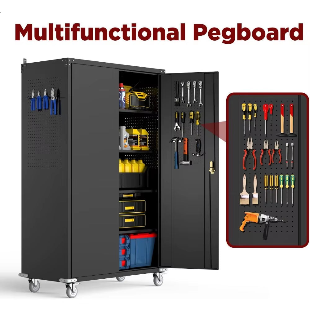 Tall & Wide Metal Garage Storage Cabinet with 4 Adjustable Shelves, 43''W X 22''D X 72''H with Wheels & Pegboards, Heavy Duty Lo